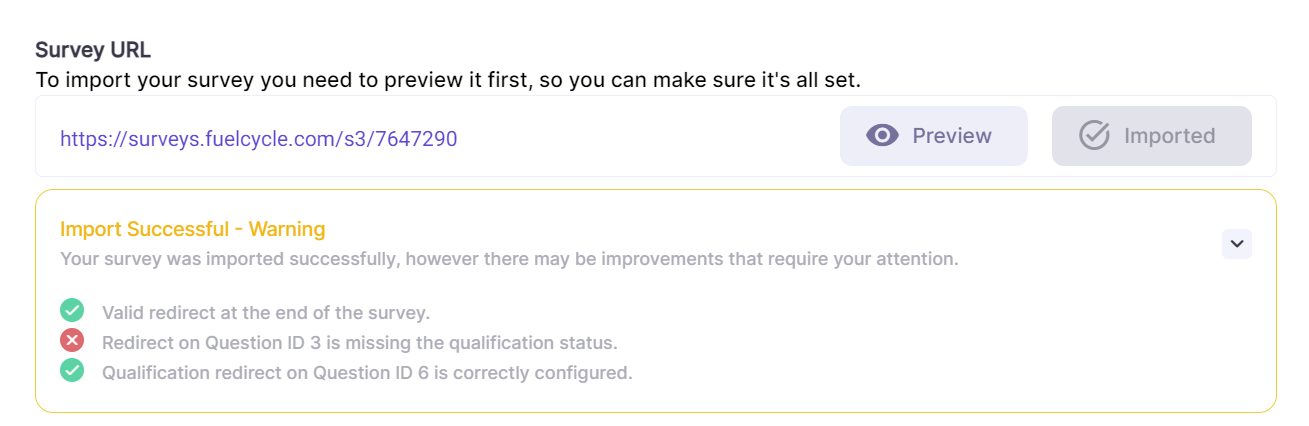 An Alchemer survey import screenshot with valid qualification
          redirect but other redirects incorrect