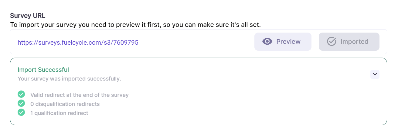 A successful survey import screenshot